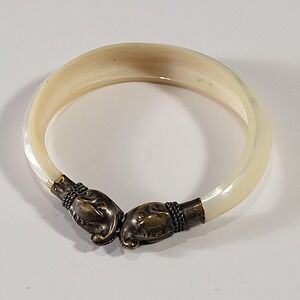 Vintage Mother Of Pearl Bangle Bracelet Brass Elephant Heads Solid Boho